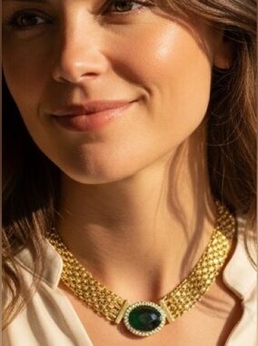 Bijoux Cascio Necklace Gold Plated Green Art Glass Stone Crystals 1970's Italy